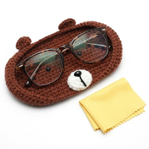 Qnvyw Handgemachte Brillenhalter mit Brillen Tuch, Brown Bär Brillenablage Brillenhalter Lustig Weiche Tier formen Sonnenbrillenhalterung Dekorative Brillenetui für Wohnzimmer und Büro Geschenk