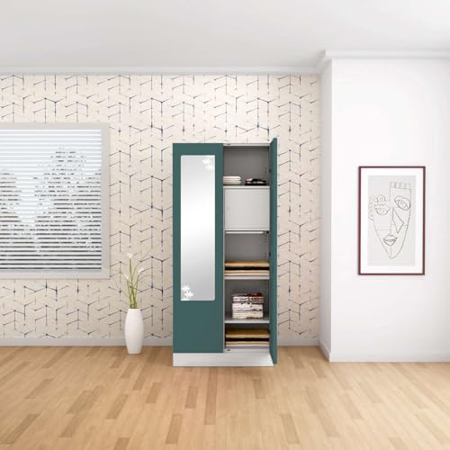 Image of Interio by Godrej Almirah Slimline 2-Door Steel Almirah, Cupboard for Clothes (Textured Sea Pine), 1-Year Warranty, 4 Shelves, 1 Drawer, 1 Locker, Star Design Mirror