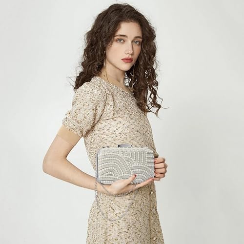 Image of RNIEGA Pearl Crystal Clutch Purse for Women Fashion Elegant Bride Evening Clutch Handbag Crossbody Shoulder Bag with Chain