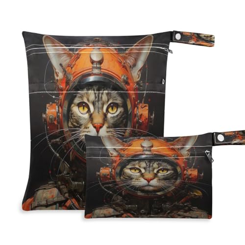 ATTX Astronaut Cat Wet Dry Bags 2-Pack - Reusable Cloth Diaper Storage for Travel, Beach & Gym | Multi-Use Waterproof Bags for Swimsuits, Baby Clothes, Sports Gear#297