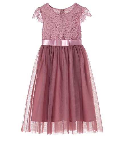 Ugitopi Mädchen Spitze Langes Kleid Kinder Tüll Party Prinzessin Kleid (Dusty Rose, 130)