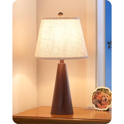 EDISHINE 21.85" Boho Table Lamp, Farmhouse Bedside Lamp, Water Transfer Red Wood Grain Metal Base, Beige Linen Shade, Rustic Nightstand Light for Living Room, Bedroom, Office, E26 Base Mahog