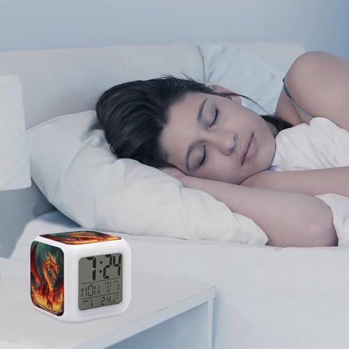 LPAGBCNU Réveil numérique LED à 7 couleurs changeantes avec calendrier de répétition, affichage de la température, réveil du roi dragon dans le feu, réveil à piles, veilleuse pour décoration de – vue 5