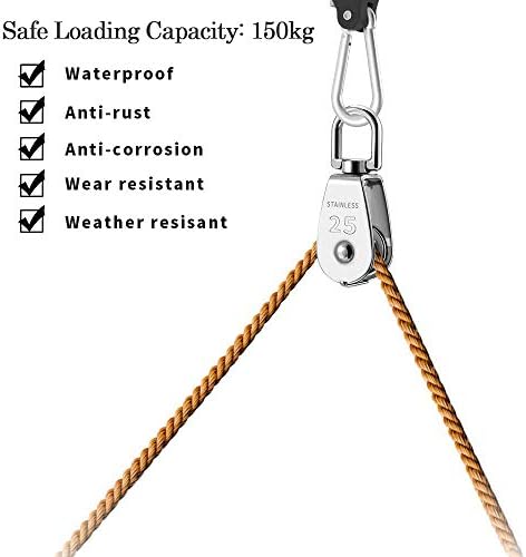 2 Pack M25 Single Pulley Block, 304 Stainless Steel Pulley Roller 360 Degrees Swivel Pulley for Washing line Ropes - Safe Loading up to 150KG