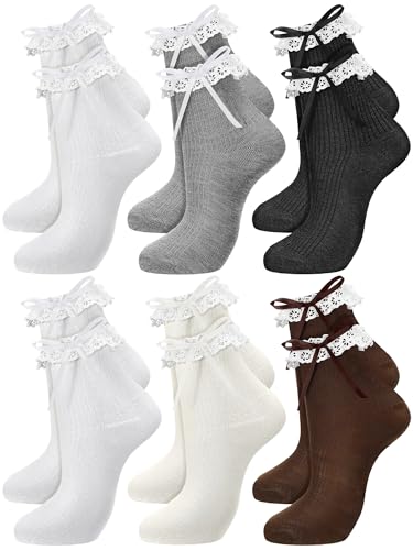 6 Pairs Women's Ruffle Ankle Socks Cute Princess Frilly Decorative Comfortable Socks with Bow Knot for Teen Girls