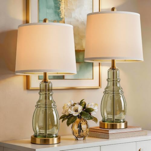 ROTTOGOON Glass Table Lamp Set of 2, Modern Table Lamps for Living Room Bedroom, Bedside Desk Lamps Vintage Nightstand Lamps with Linen Shades, 22", Green