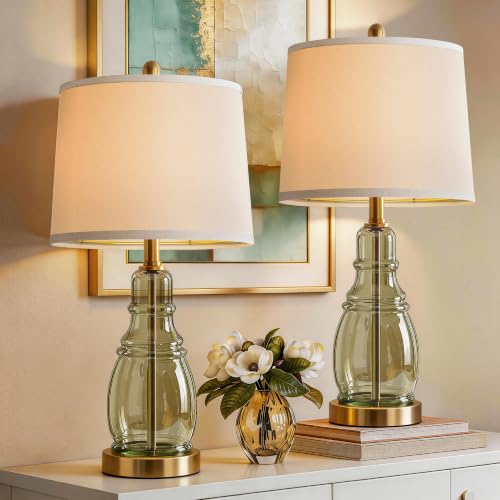 ROTTOGOON Glass Table Lamp Set of 2, Modern Table Lamps for Living Room Bedroom, Bedside Desk Lamps Vintage Nightstand Lamps with Linen Shades, 22", Green
