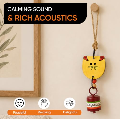 Image of Aakriti Art Creations Handpainted Wild Cat Wind Chime in Yellow & Red | Modern Art Wooden & Metal Wind Chime with Bell | Matte Decorative Wind Chimes for Balcony, Garden & Home, Living Room & Gifting