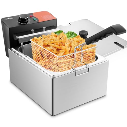 TANGME Commercial Deep Fryer, 1700W Electric Countertop Fryer 10.35QT with 6.35QT Baskets Stainless Steel Oil Fryer with Temperature Limiter for Home Kitchen and Restaurant