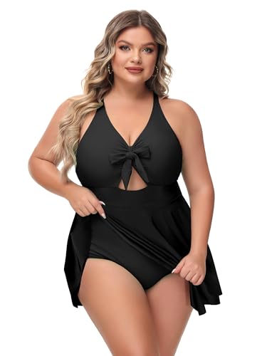 NIeyook Womens Plus Size One Piece Swimsuit with Skirt V Neck Cutout Flowy Swim Dress Tummy Control Bathing Suit4