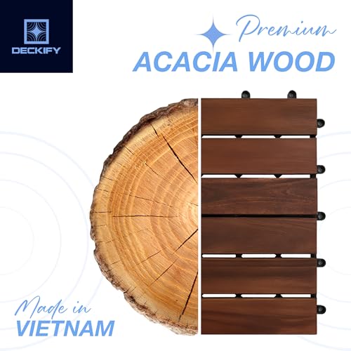 DECKIFY 9Pcs Acacia Wood Interlocking Patio Deck Tiles, 12 x 12 x 0.9 Inch Outdoor Flooring, Waterproof for All-Weather Use – Striped, Dark Brown by DECKIFY - Image 3