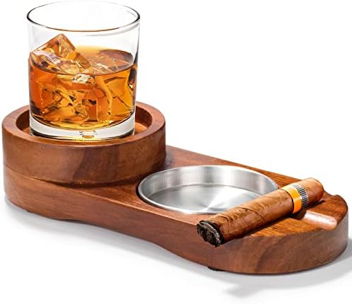 Cigar Ashtray Coaster Cigar Holder and Whiskey Glass Tray, Wooden Ash Tray, Slot to Hold Cigar, Cigar Rest, Cigar Accessory Set Gift for Men Dad, Most Dad Manly Gifts Decor for Home, Office or Bar.