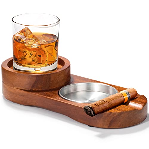 Cigar Ashtray Coaster Cigar Holder and Whiskey Glass Tray, Wooden Ash Tray, Slot to Hold Cigar, Cigar Rest, Cigar Accessory Set Gift for Men Dad, Most Dad Manly Gifts Decor for Home, Office or Bar.