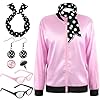 7 Pcs 1950s Pink Satin Costumes for Women, Women Pink Jacket 50s Outfits for Halloween Cosplay Costumes Party Set C L
