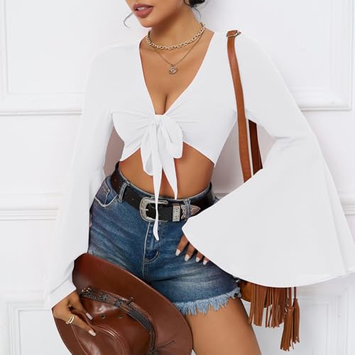 V Neck White Bell Sleeve Tops for Women Tie Front Long Sleeve Blouse Sheer Mesh Crop Rave Top XL by American Trends - Image 3