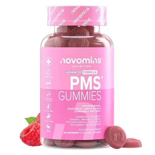 Gominolas PMS con Probióticos - 60 Gominolas - Multivitaminas Mujer con Ashwagandha, Dong Quai, Melisa, Vitamina B6, D y Zinc - Vegano - para el Equilibrio Hormonal y el Ciclo Menstrual - Novomins