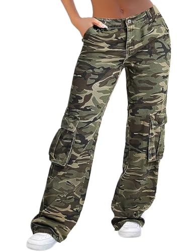 Flamingals Cargo Pants for Women Baggy Wide Leg Mid Waist Causal Y2K Pants with Pockets