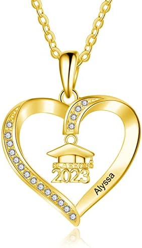 DOVRAN 9K/10K/14K/18K Solid Yellow Gold Personalized Graduation Necklace Customized Name Heart Necklace Engraved Name 2023 High School Graduation Jewelry Gift for Women