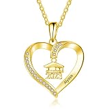 DOVRAN 9K/10K/14K/18K Solid Yellow Gold Personalized Graduation Necklace Customized Name Heart Neckl