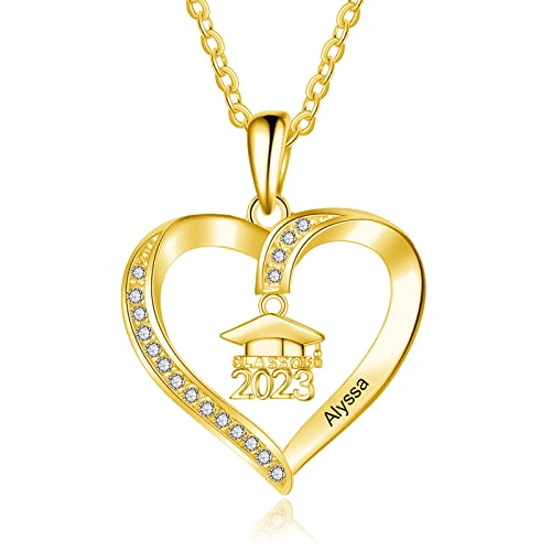 Dovran 9K/10K/14K/18K Solid Yellow Gold Personalized Graduation Necklace Customized Name Heart Necklace Engraved Name 2023 High School Graduation Jewelry Gift For Women #TOP1