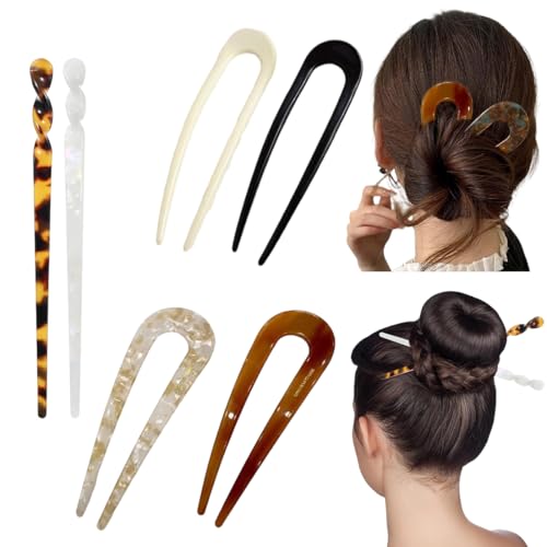 AEUXZA Lot de 6 Pic à Cheveux & Épingles en U, Bâtonnets Cheveux Acétate Rétro, Accessoires Coiffure Chignon Vintage, Fourches à Cheveux Écailles & Marbre pour Femme