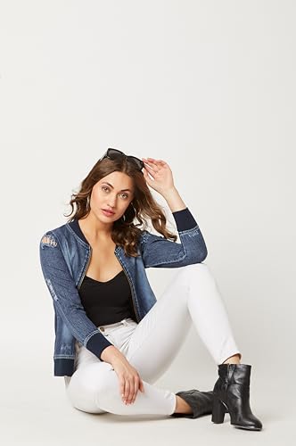 Image of Miss Chase Women's Polo Neck Full Sleeves Patch Pocket Denim Overcoat Knee-Length Jacket