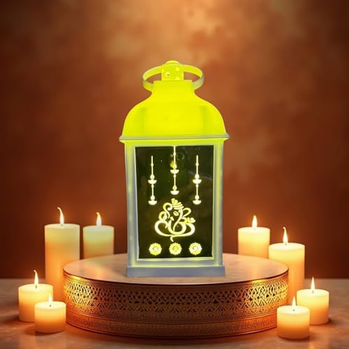 Image of Antique LED Mandir Lantern Hurricane Lamp - Flameless & Smokeless Acrylic Tent Light, Wall Hanging Candle Holder for Home, Living Room, Camping Decor (Yellow) | Popo Toys