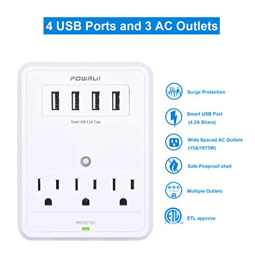 POWRUI Multi Wall Outlet Adapter Surge Protector 1680 Joules with 4-USB Ports Wall Charger, Wall Mount Charging Center 3 Outlet Wall Mount Adapter for Home, School, Office, ETL Certified - Thumbnail 2