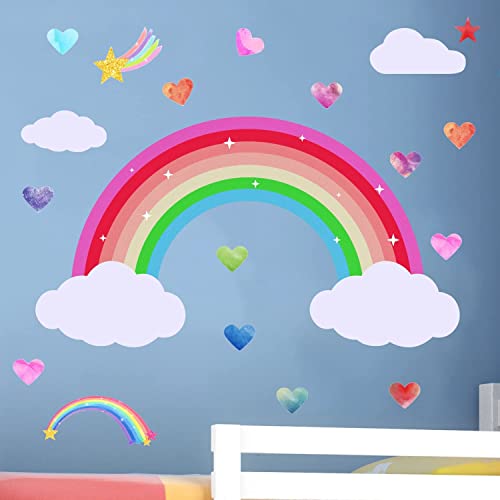 Joyduo 3 Sheets Rainbow Wall Decals Large Watercolor Rainbow Wall Stickers Rainbow Star Heart Flower Wall Stickers For Girls Bedroom Nursery Wall Decor, 90 X 30 Cm #TOP4