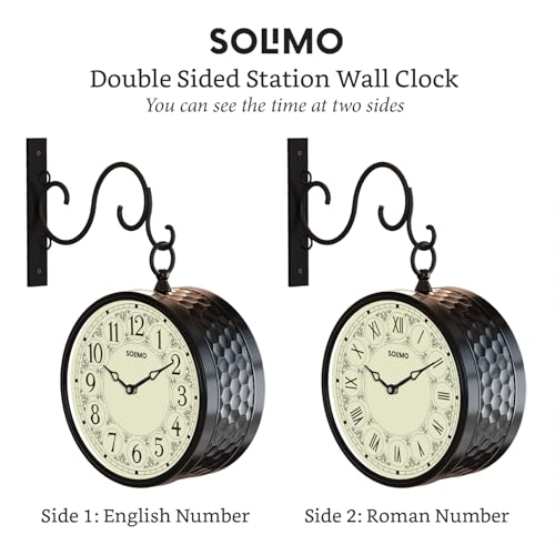 Image of Amazon Brand - Solimo Double Sided Vintage Station Wall Clock, one Side Roman and Other Side Numeral dial (8 Inches, Black) Metal, Analog
