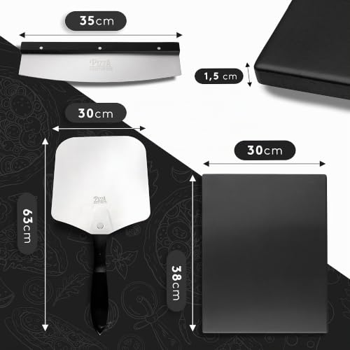 Foto von Pizza Divertimento [DAS ORIGINAL] - Pizzastein für Backofen und Gasgrill [3er Set] - Mit Pizzaschieber & Pizzaschneider - Cordierit Pizza Stein - Pizza Stone knuspriger Boden - Inkl. e-Rezeptbuch