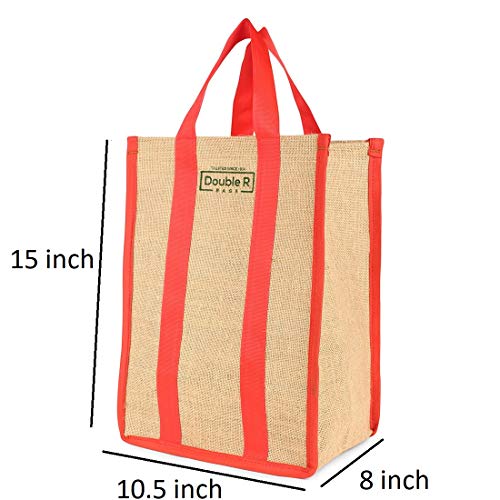 Image of DOUBLE R BAGS Laminated Jute Reusable Shopping Bags Kitchen Essentials Grocery Vegetable Lunch Carry Bag With Full Handles Multi-purpose Bag Stylish Designs (Red) Pack of 2