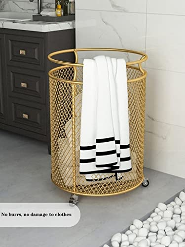 Laundry Basket Rolling Laundry Basket with Wheels, Heavy Duty Laundry Hamper Storage Cart, Round Metal Wire Mesh Bin Dirty Clothes Storage Hamper for Bathroom or Kids Bedroom, White (Gold) - Image 3