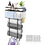 MAIJIAJU Towel Rack Wall Mounted for Bathroom, 3 Tier Metal Towel Holder Storage with Wooden Shelf Basket and 12 Hooks for Rolled Towel Paper Organizer, Wall Racks for Kitchen Bathroom, Black