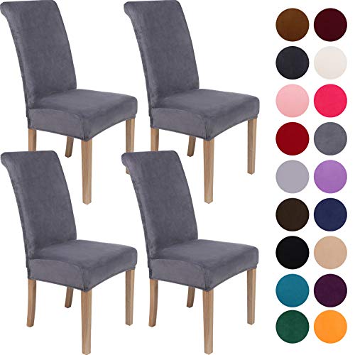 Colorxy Velvet Spandex Chair Covers for Dining Room Set of 4, Soft Stretch Chair Protectors Slipcovers, Removable and Washable, Sliver Grey