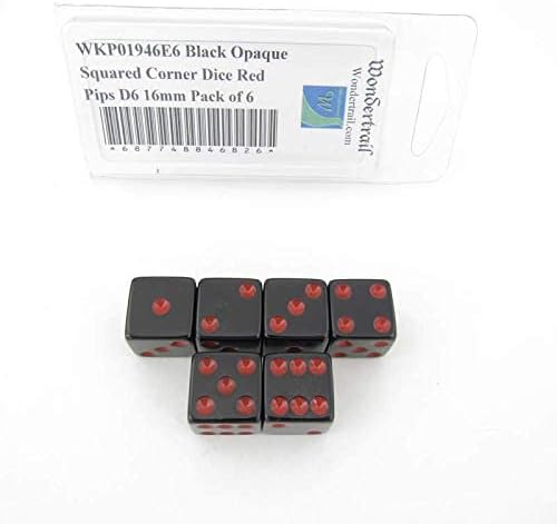 Black Opaque Squared Corner Dice Red Pips D6 16mm (5/8in) Pack of 6 Wondertrail