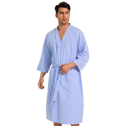 Men's Cotton Lightweight Bath Robe with Pockets, Soft Summer Light Weight Mens Bathrobe after Shower, Comfy Short Sleeves Spa Pool Hotel Gift Kimono Robe for Men (Blue, X-Large)