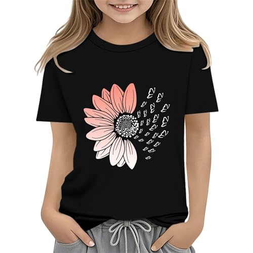 Girls Loose Fit Sunflower Graphic T Shirts Short Sleeve Crewneck Cute Pattern Printed Tops Kids (B-Black, 12-13 Years)