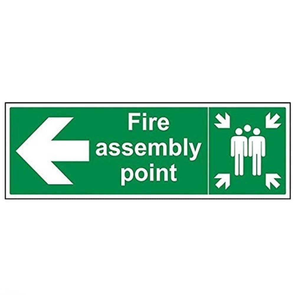 V Safety Fire Assembly Point Arrow Left Sign - 600mm x 200mm - 1mm Rigid Plastic