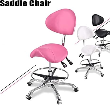Adjustable Saddle Stool Rolling Chair with Back Support, Beauty Stool On Wheels with Footrest Ergonomic Swivel Seat Chair Hydraulic Gas Lift Stool for Dental Spa Salon Massage Manicure Tatto