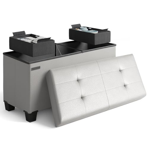Storage Ottoman Bench with Bins, 30-in Storage Bench for Bedroom End of Bed, Folding Foot Rest Ottoman for Living Room Max 660lbs, Leather Ottomans, Light Grey by STORAGEBUD - Used condition - US$40.64