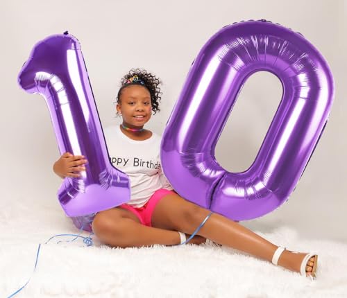 Image of 10 Balloon 40 inch Purple Number Balloons for 10 Birthday Party Decorations | Saturated Color, Large 40 in, With Straw & Hanging Hole, For Back-to-School Season, Wedding, Christmas, New Year, Anniversary