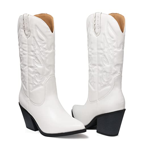 Shibever Cowgirl Boots Cowboy Boots For Women Western Pointy Toe Chunky Heel Mid Calf Boots White 7 #TOP5