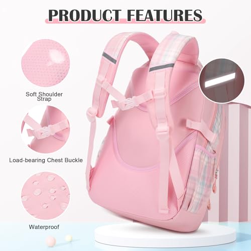 3PCS School Backpack for Girls, Girls Backpack with Lunch Box, Pencil Case, Cute Kawaii Plaid Book Bag for Teen Girl Kindergarten Elementary Preschool Middle High School, Pink4
