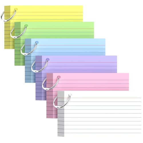 Colored Index Cards 3×5, 300 Count Lined Index Cards with Ring, 6 Colors Note Cards 3×5, 50 Sheets Each Pack, Heavy Bright Flash Cards with Rings, Colored Notecards 3×5 Lined for Office, Home, School