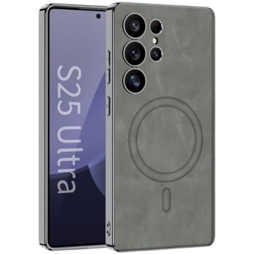 Image of TechTrendz Back Cover for Samsung Galaxy S25 Ultra 5G Leather Cover with Built-in (Compatible with MagSafe) Frosted Phone Case, Electroplated Soft Edges TPU Chrome Magnetic Cover for S25 Ultra -Grey