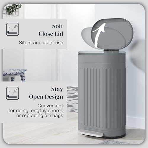 HOMCOM 30 Litre Pedal Bin, Fingerprint Proof Kitchen Bin with Soft-close Lid, Metal Rubbish Bin with Foot Pedal and Removable Inner Bucket, Grey - Image 3