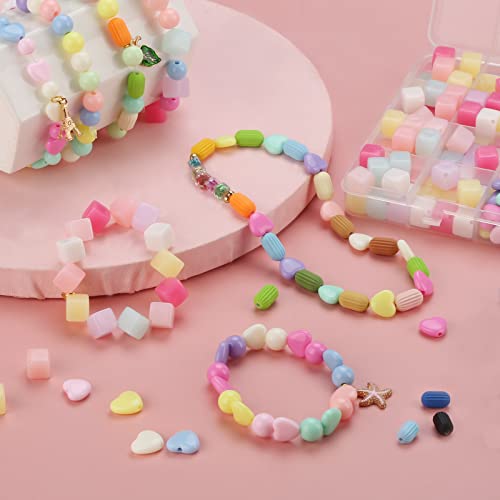 Big Beads for Bracelets Making Kit,Bead Friendship Bracelets Kit with Pastel Beads Round Beads Heart Beads Rubber Beads Cube Beads and Elastic String,for Bracelet and Jewelry Making