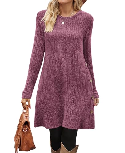 Image of OFEEFAN Fall Dresses for Women 2026 Crew Neck Long Sleeve Dress with Pockets