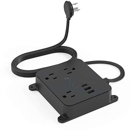Flat Plug Power Strip - TROND 10FT Long Extension Cord with 3 AC Outlets, 2 USB-A Ports, 1 USB-C Port, Long Cord Desk Charging Station, Wall Mount for Home, Office Accessories, Dorm Room Essentials